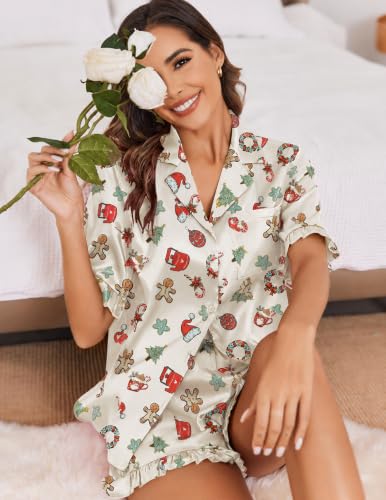 Image of Ekouaer Satin Pajama Set for Women 2 Piece Pj Sets Short Sleeve Sleepwear