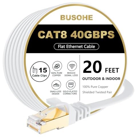 BUSOHE Cat 8 Ethernet Cable 20 FT, 40Gbps 2000Mhz High Speed Flat Cat8 Cable Patch Cord with Gold-Plated RJ45 Connector, LAN Network Internet Cable with 15 Clips for Router/Gaming/Computer, S/FTP Cover