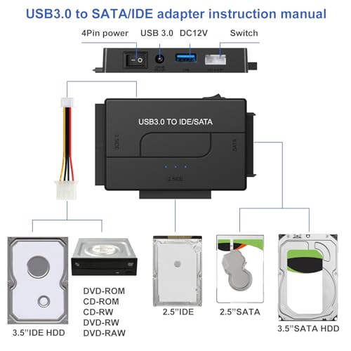 SATA IDE to USB 3.0 Adapter for 2.5/3.5 HDD/SSD Hard Drive Disk, Hard Drive Reader Ultra Recovery Conveter Cable Universal Data Transfer SATA to USB Adapter with Power Supply by EYOOLD - Image 5