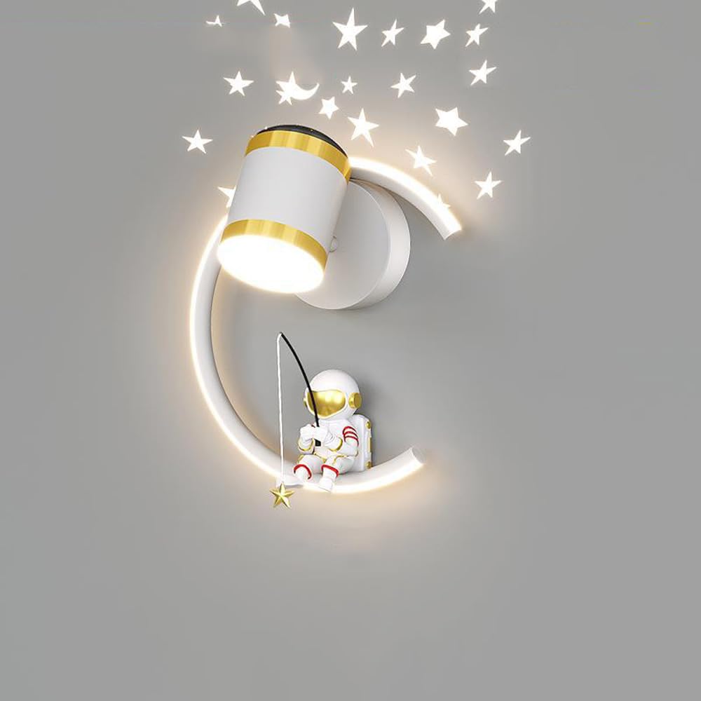 SXSCARKX Modern Light Luxury Astronaut Kids Wall Sconce For Bedroom 12W Dimmable LED Mounted With Projector Stars Starry White Nordic Bedside Lamp Children Room Nursery