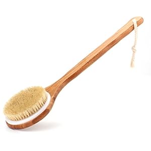 Shower Brush with Natural Bristle – Long Bamboo Handle Bath Body Brush for Wet or Dry Brushing – Improves Blood Circulation, Exfoliating Skin