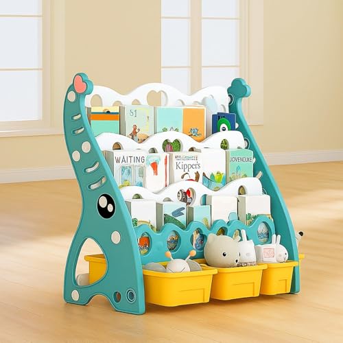 Image of Hukimoyo 2 in 1 Book Shelf Cabinet for Kids with Toy Organizers Storage Box for Home Front Facing Display Storage Bookshelf Rack for Kids, 3‑Tier Book Shelves with Storage Bin for Playroom Montessori