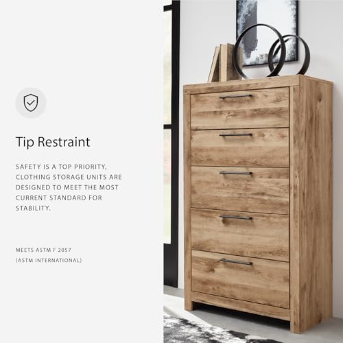 Image of Signature Design by Ashley Hyanna Rustic 5-Drawer Chest with Safety Stop for Bedroom, Light Brown