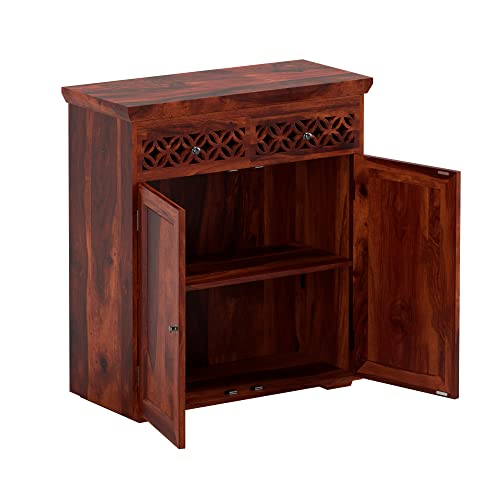 Image of SHIKHA WOOD CRAFT Solid Sheesham Wood Sideboard Cabinet with 2 Doors and 2 Drawers Storage | Wooden Kitchen Cabinet, Crockery Unit, Dining Room Organizer, Living Room Storage Furniture (Honey Finish)
