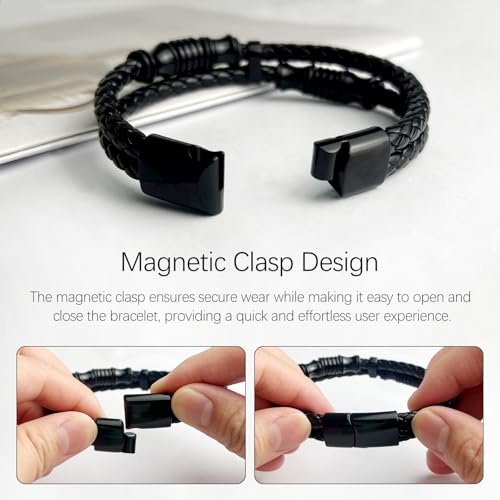 Pulsera de cuero trenzado negra con ornamentos de acero inoxidable miniatura 5