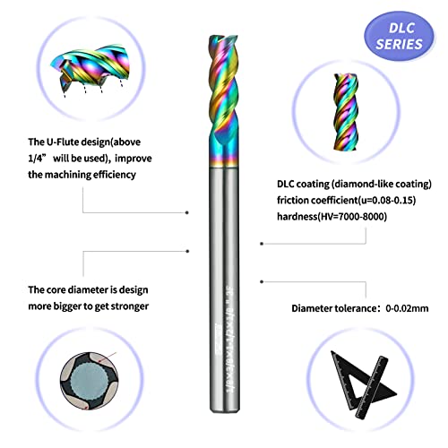 Image of Tools Carbide End Mills,DLC Coating CNC Mill Bits for Aluminum, Magnesium Alloys, Composite Materials, 3 Flute, 1 /8 Shank(1 /8 inch, 10pcs)