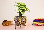 N.A Supplier Designer Iron Plant Pot with Rust Free Metal Stand – Multicolor Mandala Design Planters(Multicolor), 1 Piece