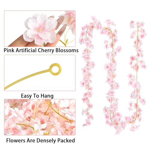 Bebochoi 3 Stück Künstliche Kirschblüten Girlande Blumenranke, 1,8M Kirschblüte Hangend Vine Seidenblumen Dekor, 135 Blütenköpfe Rosa Party Hochzeit Deko Künstliche, Kirschblüten Deko(Hellrosa, 5,4M)