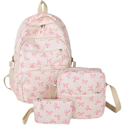 3PCS Set Bow Backpack for Girls, Cute Kawaii Backpacks Set Large Capacity With Crossbody Bag And Wallet (Pink)