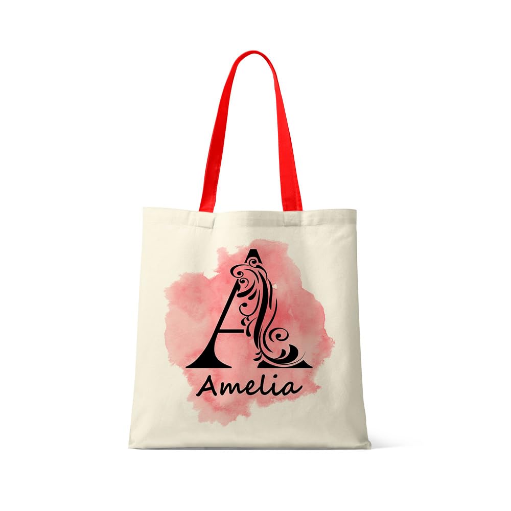 Getagift Personalised Initial with Name - Floral Alphabet Theme, Reusable Bag, Shopping Tote Bag. (Red Handle)