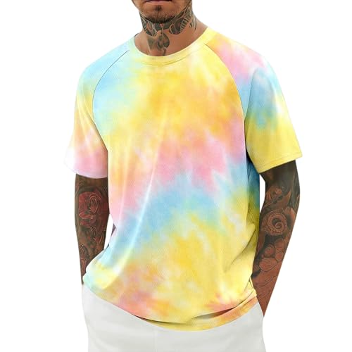 Image of Generisch 2026 Men's Short Sleeve T-Shirt with Tie Dye Pattern Birdseye Design Casual Crew Neck Shirt for Everyday Outdoor Activities, Light yellow, 5XL