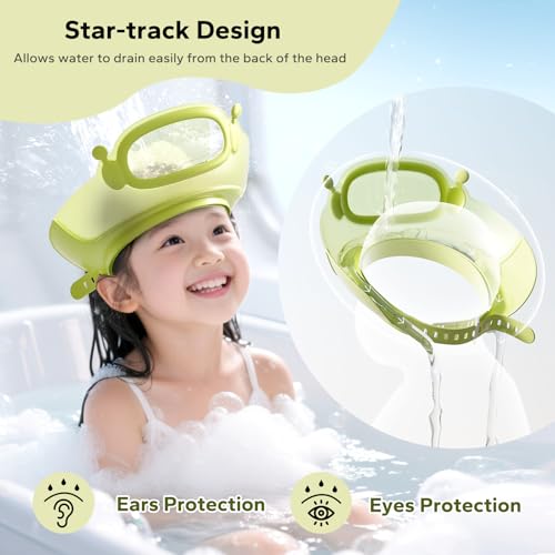 Image of FUNUPUP Baby Shower Cap for Kids, Baby Bath Shampoo Visor Cap Hair Washing Shield Adjustable, Green Robot