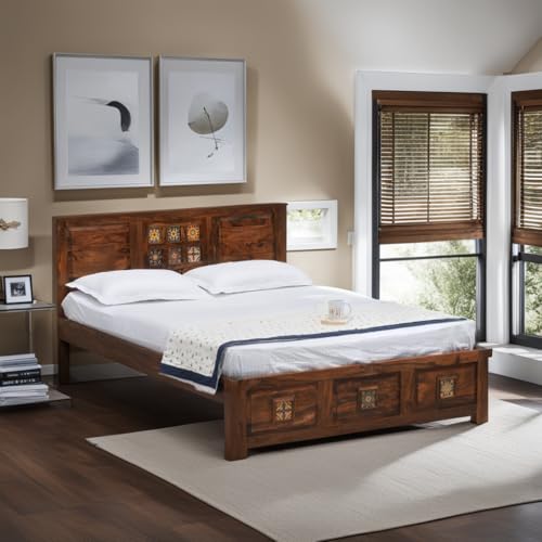 Image of Heritage Tile Design Sheesham Wood Queen Size Bed Without Storage (82x62 Inch) | Wooden Double Bed Cot for Bedroom Furniture | Modern Palang Bed | Honey Finish