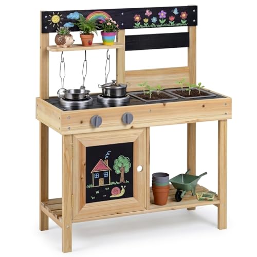 Maxmass Kids Mud Kitchen Outdoor Children Play Kitchen with 2 Removable Sinks Stoves Kitchenware Garden Potting Bench Toddler Toy Kitchens Pretend Toy for 3+ Years Old