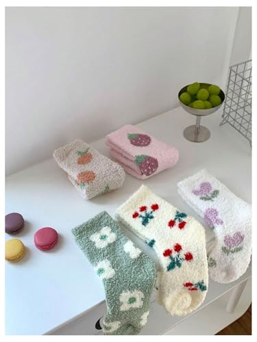Image of WDIRARA Women's 5 Pairs Cherry Fruit Fuzzy Socks Winter Warm Slipper Socks Cozy Home Sleeping Socks