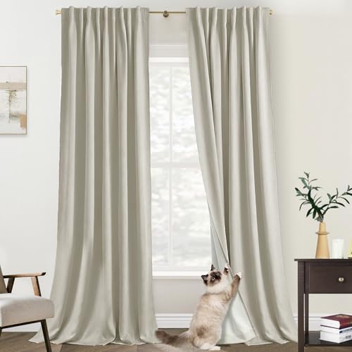 102 Inch Long Curtains, Oatmeal Polished Linen Textured Blackout Pleated Drapes for Living Room Bedroom, 2 Panels Set