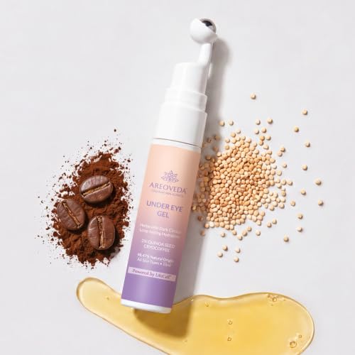 Image of AreoVeda Under Eye Gel with Soothing Massage Roller | Visibly Reduces Dark Circles & Puffiness | With Coffee & Quinoa | Pregnancy-Safe (15 ml)