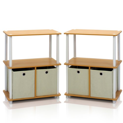 Image of Furinno TURN-N-TUBE Storage Shelves Set of 2, 3-Tier Toolless Book Shelf with Storage Bins, Display Shelf, for Organization and Storage, Living Room, Garage, Home Office, Beech