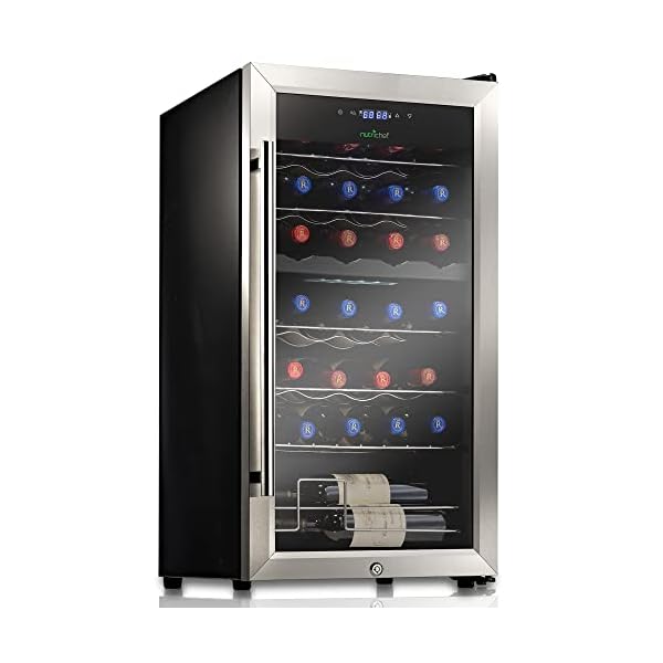 NutriChef PKCWCDS288 Compressor Cooler Refrigerator Cooling System | Large Freestanding Wine Cellar Fridge For Red White Champagne or Sparkling, Glass Door, 28 Bottle Dual Zone-Stainless Steel
