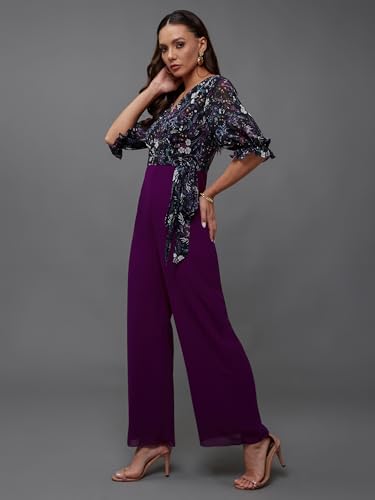 Image of Miss Chase Women's V-Neck Half Sleeve Tropical Wrap-Styled Jumpsuit