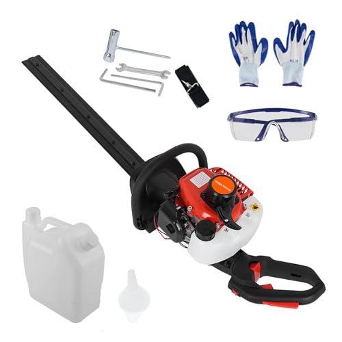 Benzin Heckenschere (1,0 PS, Schnittlänge: 600mm, Schnitt- Ø: 25mm, mit Vibrationsschutz, Spritzschutz) - 2-Takt Motor, Ergonomischer, Profi Strauchschneider für Gartenarbeiten (Orange)
