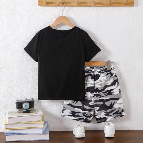 Image of Boys' 2 Piece Summer Outfit Cool Dinosaur & Camouflage Graphic Short Sleeve Tee & Shorts Set Size 4-12