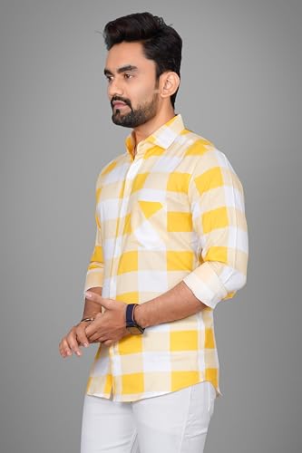 Image of Voroxy Men's Casual Checks Shirt with Pockets Cotton Blend Stylish Branded Checkered Pattern Formal Shirt & Regular Fit Full Sleeves and Spread Collar Style