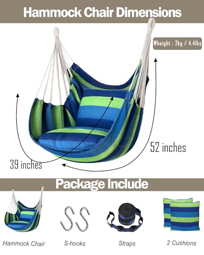 Image of Halalona Hammock Chair Hanging Hammock Chair Rope Swing 2 Cushions Included-Sturdy & Durable Soft Cotton Hand Woven Hammock Swing for Bedroom, Porch, Patio-Indoor /Outdoor