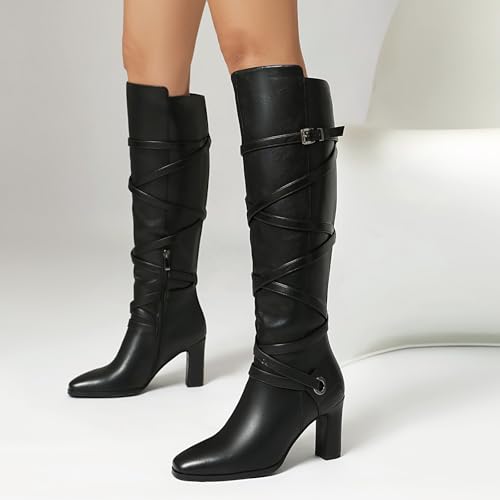 Women's Knee High Boots Wide Calf Boots Pointed Toe Chunky Heeled Boots with Side Zip Leather Wraparound Buckle Fall winter Tall Boots For Women4