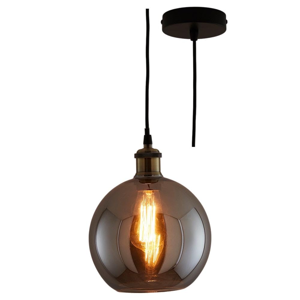 Britalia Black Matt Pendant Light, Smoked Glass Globe Dome Shade, 20Cm