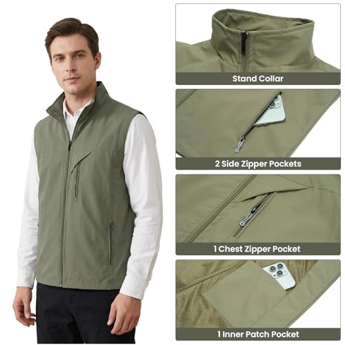 Image of Mens Vests Outerwear Windproof Lightweight Softshell Sleeveless Jacket | Breathable Zip Up Multi-Pockets Quick Dry Sports Vest for Golf Hiking Fishing Running