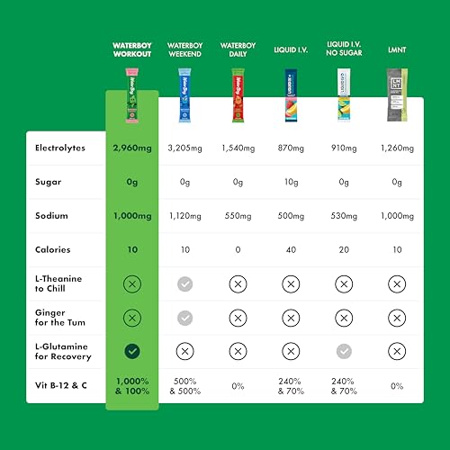 waterboy workout hydration  2960mg sugar free electrolyte powder packets  l-glutamine  vitamins  no sugar all natural gluten free variety