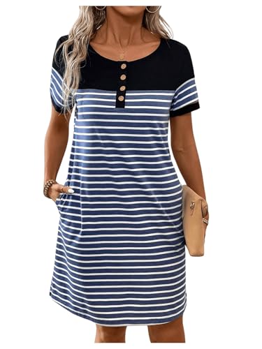 Women's Casual Summer Dresses 2025 Short Sleeve Crewneck Striped Button Front Mini Tshirt Dress with Pockets