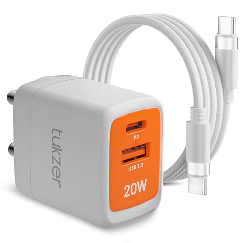 Image of Tukzer 20W Dual Port GaN3 Ultra 2X Faster Charger(Type C PD3.0&USB QC3.0) with Type C Cable Adapter for iPhone 16 /16Plus /16Pro /16Pro Max,15 /15Plus /15Pro /Max, 14 /13 /12,Samsung, Type-C Port Laptops-WHI