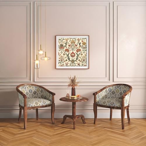 Image of Sheesham Wood Barrel Accent Chair with Floral Fabric Upholstery Teak Finish Handcrafted Wooden Lounge Chair with Backrest (Mustard Mist Ikat)