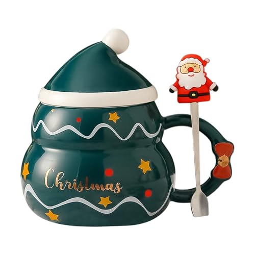 jopiuieo Tazza di Natale, Tazza da tè di Natale,Tazza da latte in ceramica da 500 ml con coperchio per cappello natalizio e cucchiaio da Babbo Natale - Tazza per succo per centrotavola per la scuola