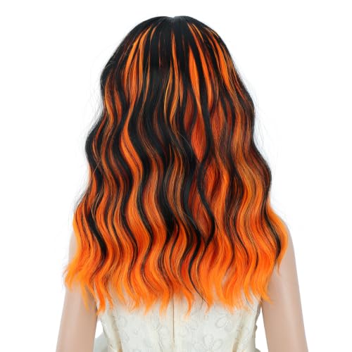 Image of PATTNIUM Black Mixed Orange Wig for Kids Girls Short Wavy Wigs with Bangs Black Shoulder Length Wavy Heat Resistant Synthetic Wig
