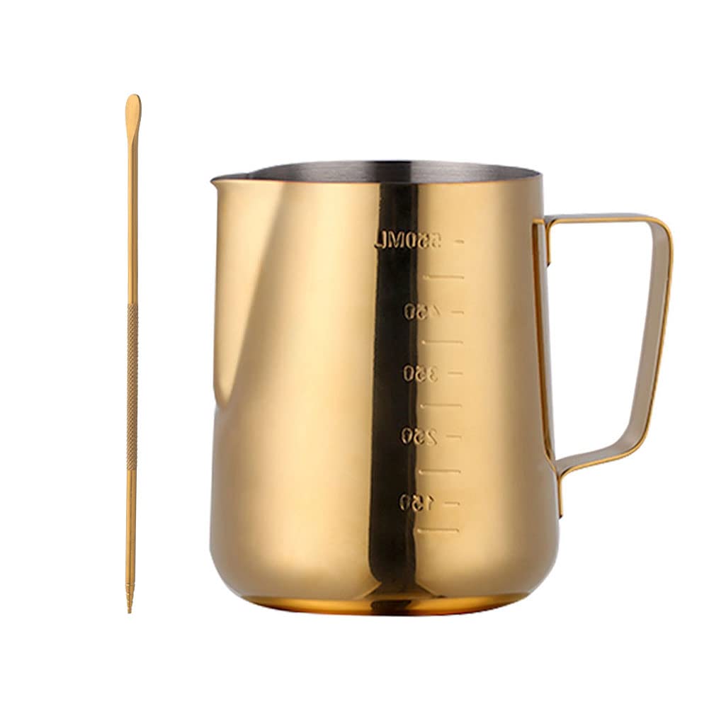 Milk Jugs 550ml Milk Frothing Pitchers for Cappuccino Latte Coffee Espresso Barista Making, Stainless Steel Milk Frothing Jug with Decorating Art Pen, Gold