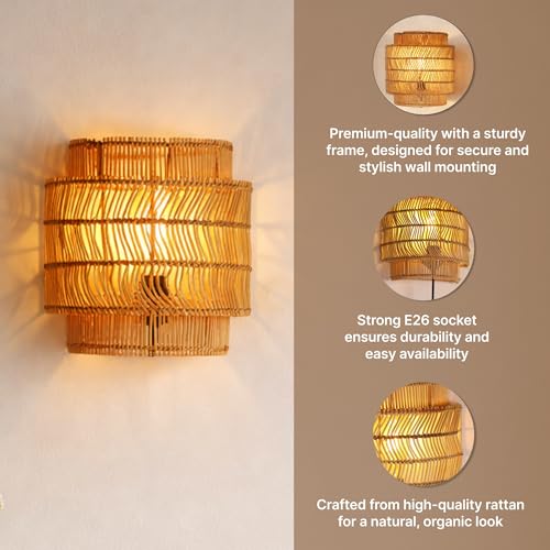 Image of Habere India-All the Cultures Fabricating India Wall Lamp | Decor Lights | Night Lamp for Bedroom | Mount Lights | Bamboo Wall Lamp (L22 x W9.5 x H23.5 cm)