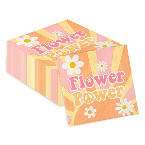 A1diee Lot de 50 serviettes en papier jetables en forme de marguerites,Rose et orange,Style hippie bohème arc-en-ciel,Décoration de fête pour anniversaire,...