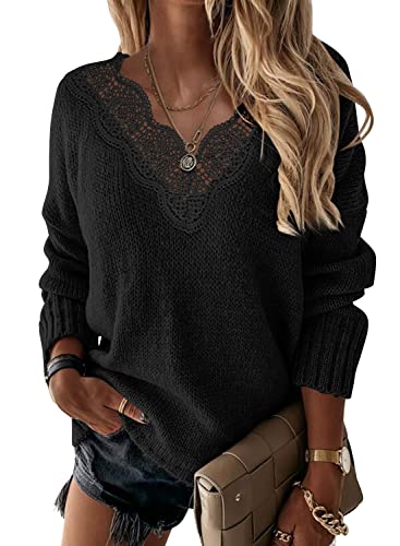 Dorose Womens Lace Tops Sexy Casual Long Sleeve Pullover Sweater Black Medium #TOP11