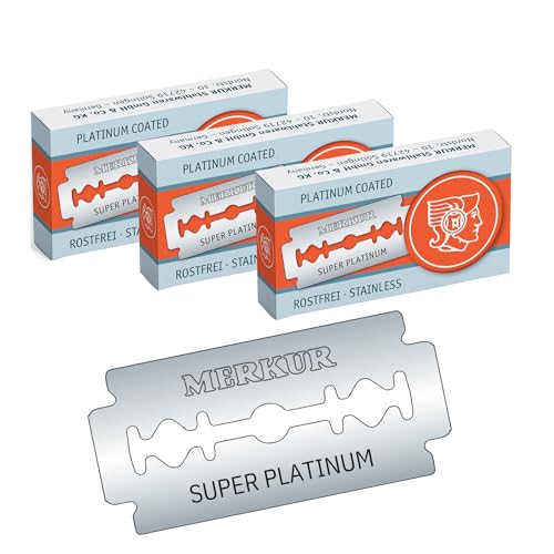 MERKUR Super Platinum 910   Cuchillas de afeitar de acero inoxidable (paquete de 30) | Adecuado para maquinillas de afeitar de seguridad tradicionales | Cuchillas de afeitar de doble cara recubiertas