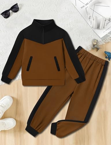 Boys Clothes Solid Color Block Kid Boys' Clothing Sets Stand Collar Half-Zip Sweatsuit 2pcs Outfits with Pocket 6-12y