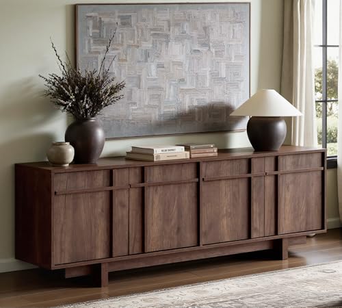 Image of TV Stand for 75 Inch TV, Mid Century Modern TV Stand with Skeletal Lines Design, Wood Grain Finish, Media Console with Storage, 65.6 inch Entertainment Center for Living Room, Bedroom, Walnut