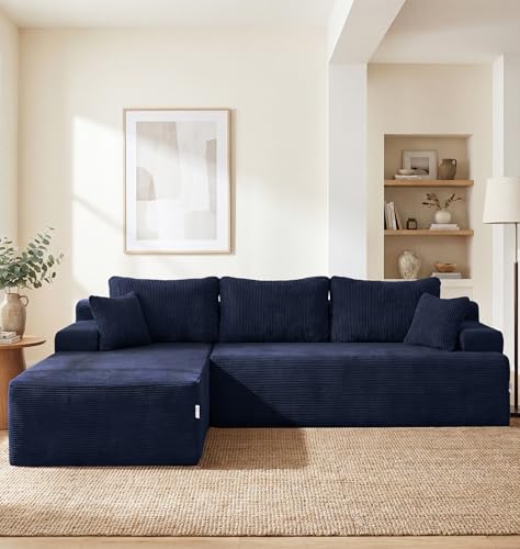Hobestluk Modular Sectional Sofa Couches L-Shape Couch 3 Seat Modular Sofa Memory Foam Sectional Couches for Living Room, Cloud Couch with Oversized Chaise (Blue Corduroy, 96", Left Hand Facing)