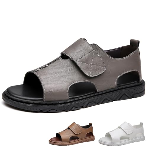 Men's Leather Hand Stitching Hollow Out Sandals Summer Retro Comfort Round Open Toe Breathable Hook Loop Anti-Slip Flat Beach Sandals for Casual Outdoor Wading