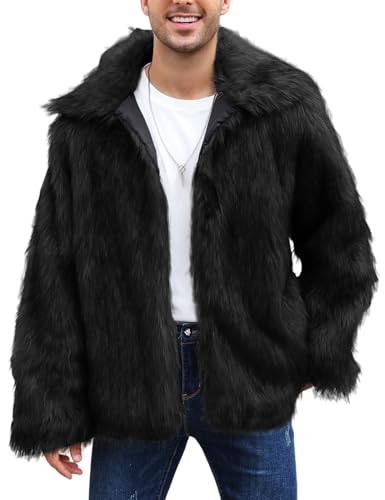 Arssm Mens Luxury Faux Fur Jacket Fluffy Furry Coats Lapel Collar Long Sleeve Outerwear Winter Warm Cardigans(Black-M)