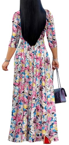 Image of Women's Floral Maxi Dress Summer Casual V-Neck 3 /4 Sleeve Long Bohemian Print Evening Party Dress