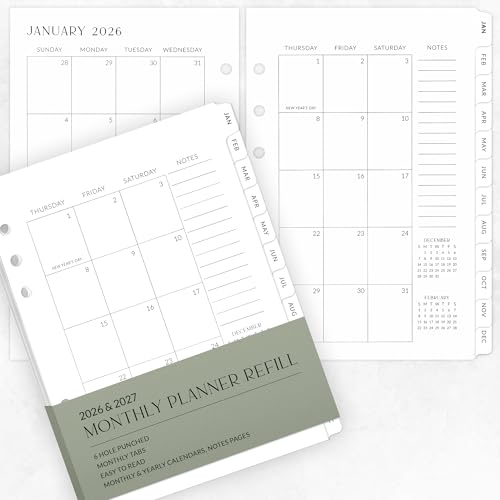 Beautiful 2026-2027 Monthly Planner Inserts for 6 Ring Binders Durable A5 Paper Refill Set 5.7 x 8.3 - Refills Incl. Tabs & Yearly Monthly Calendar Spreads - From December 2025 - December 2027