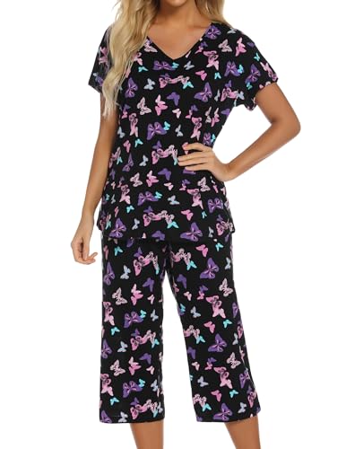 ENJOYNIGHT Womens Pajama Sets Cotton Summer Pjs Tops with Capri Pants Sleepwear